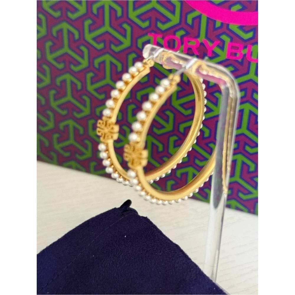Tory Burch Britten Large T Logo Gold Tone Hoops Hoop Earrings w Imitation Pearls